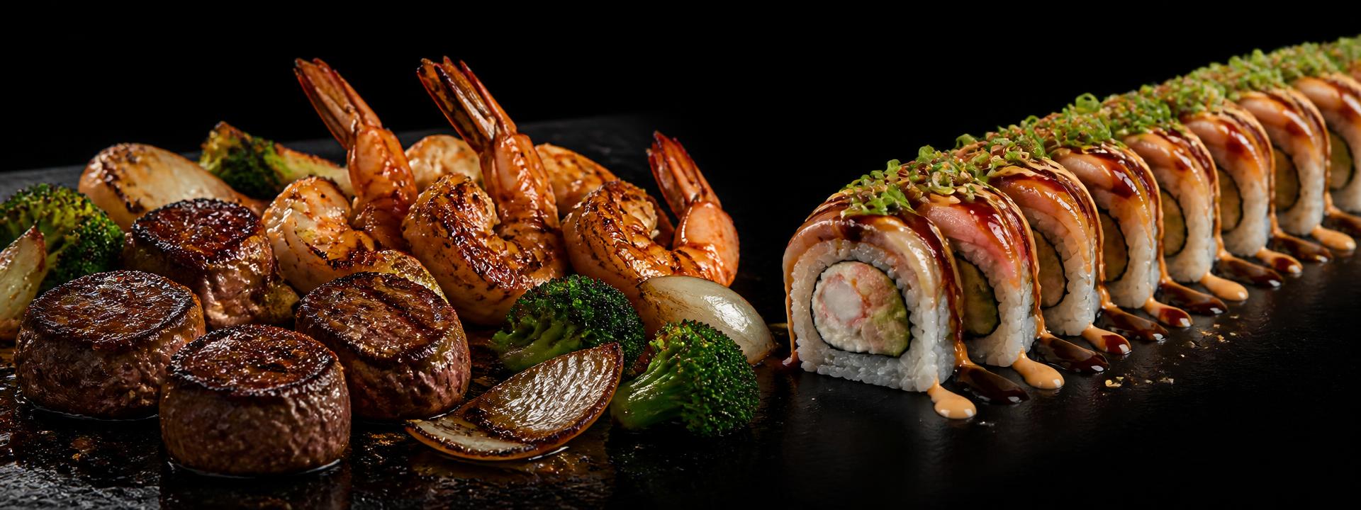 Grilled hibachi steak and shrimp beside a row of sushi rolls