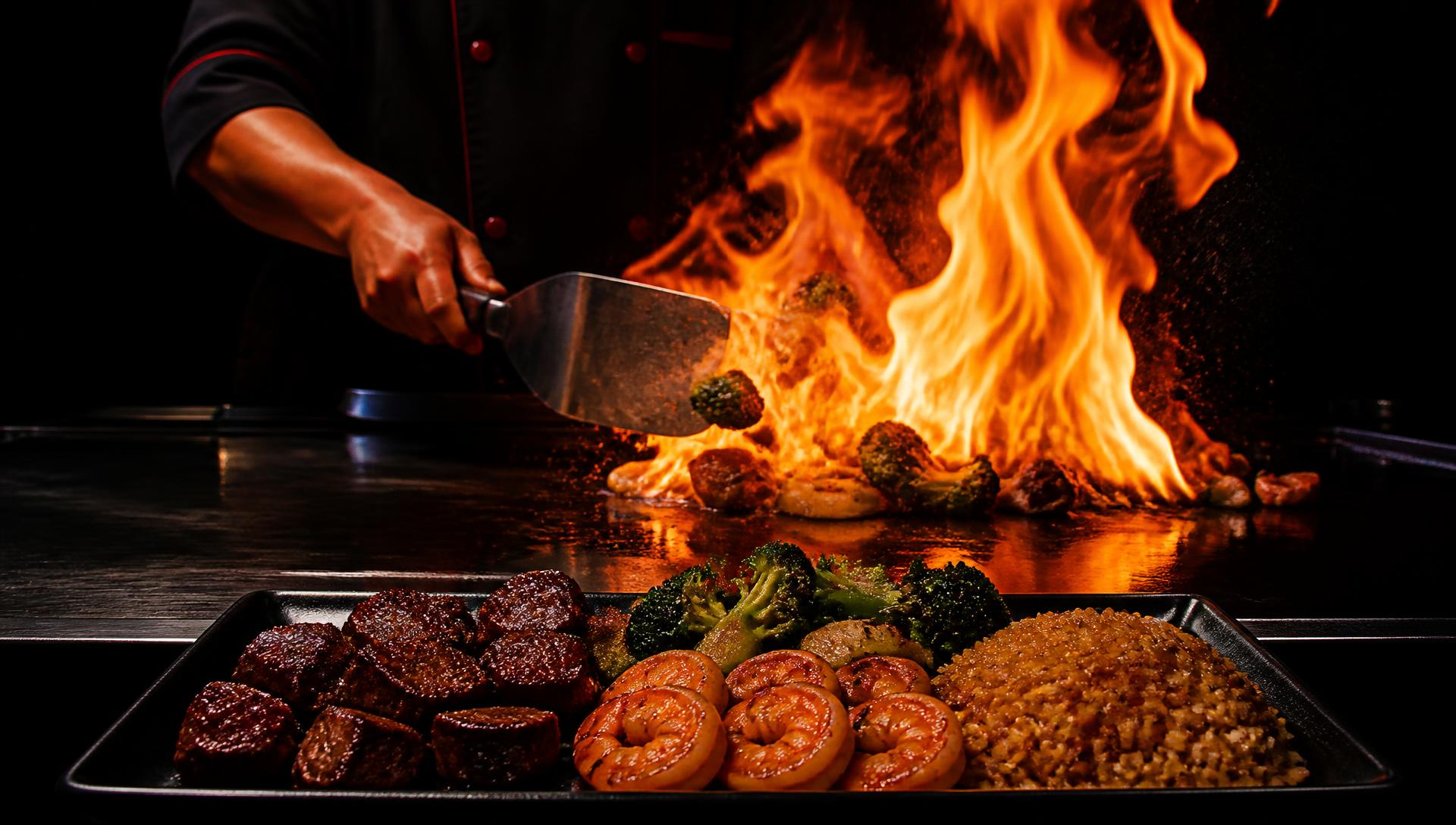 Hibachi chef grilling steak, shrimp and fried rice over open flame