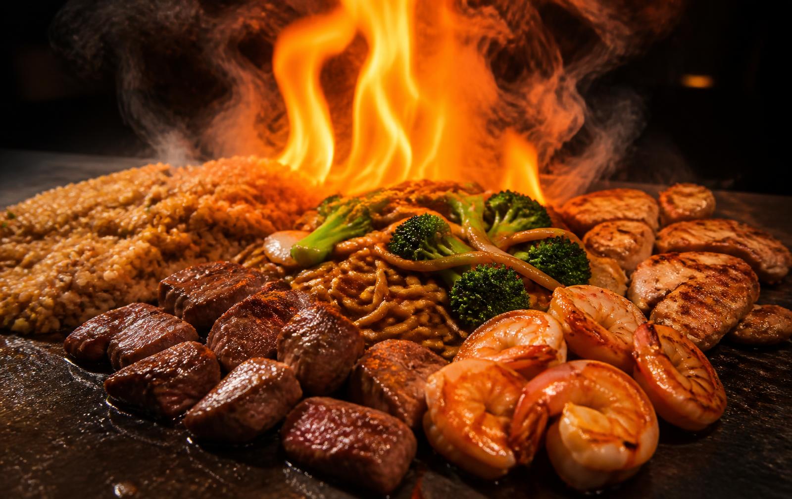 Hibachi yakisoba noodles and grilled shrimp over rice in takeout trays